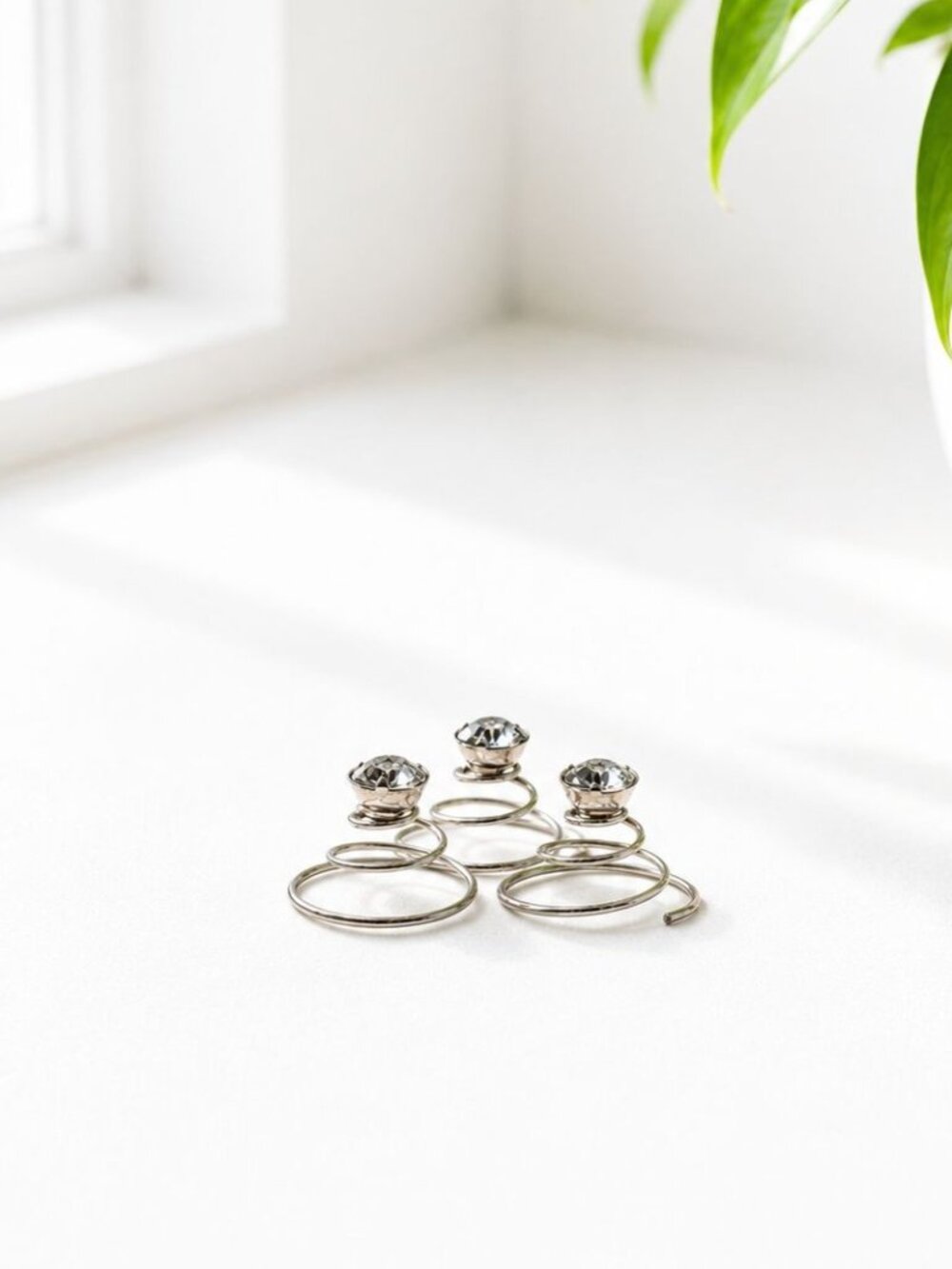 Silver-Tone Spiral Hair Accessories With Crystal-Like Gemstones - Set Of 3